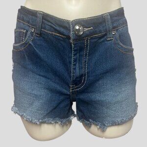Red Rivet Denim Shorts Frayed Hem
